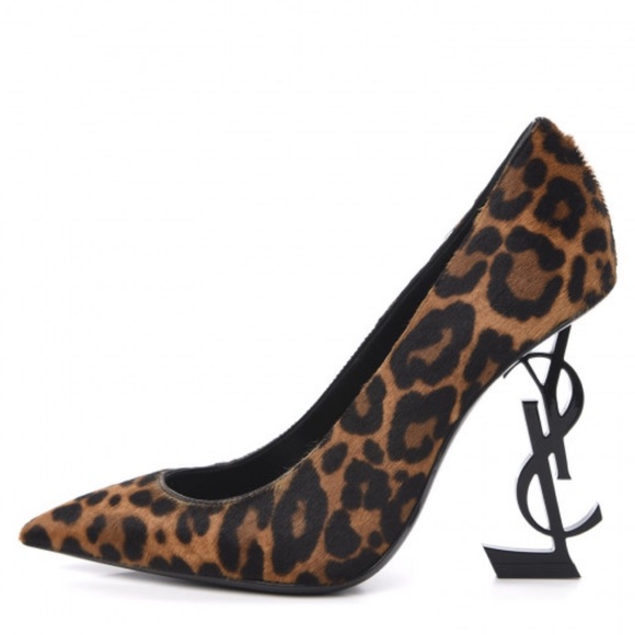 SAINT LAURENT Calf Hair Leopard Print Opyum 110 Pumps Brown